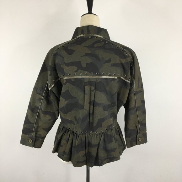 JOIE Green Mix Camo Print SAMIA Dolman Sleeve Studded Ruffle Peplum Hem Jacket - Picture 11 of 13
